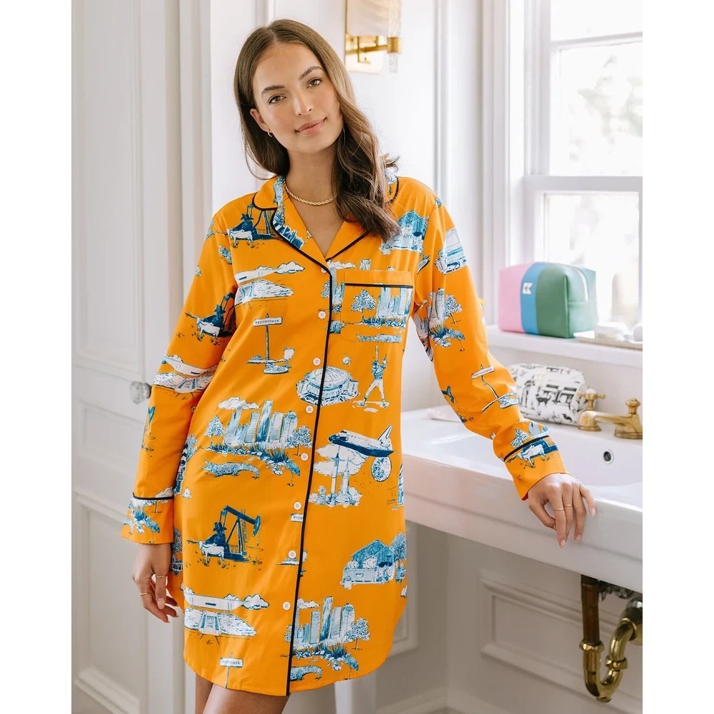 Katie Kime Houston Toile Pajama Sleep Shirt Dress M Orange Blue Modal Cotton